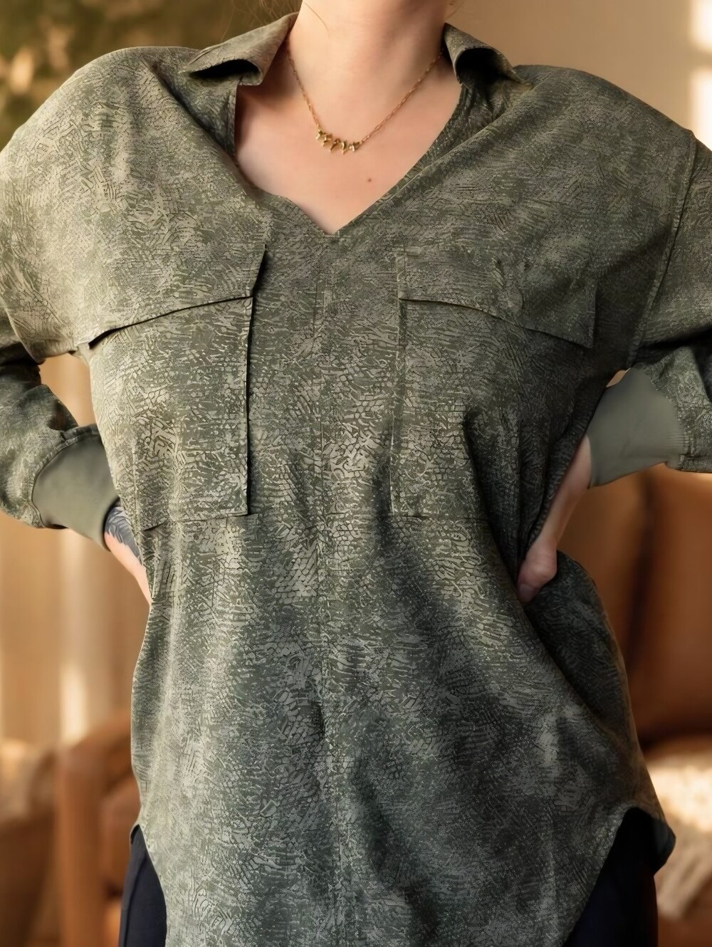 Military Inspired Chic Animal Print Utility Athletic V-Neck Top by Athleta Small